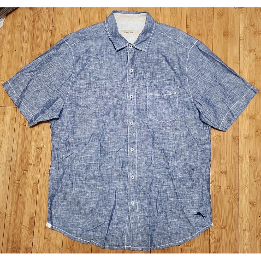 Tommy Bahama Mens Medium Heather Blue Linen Short Sleeve Button-Up TB310649R